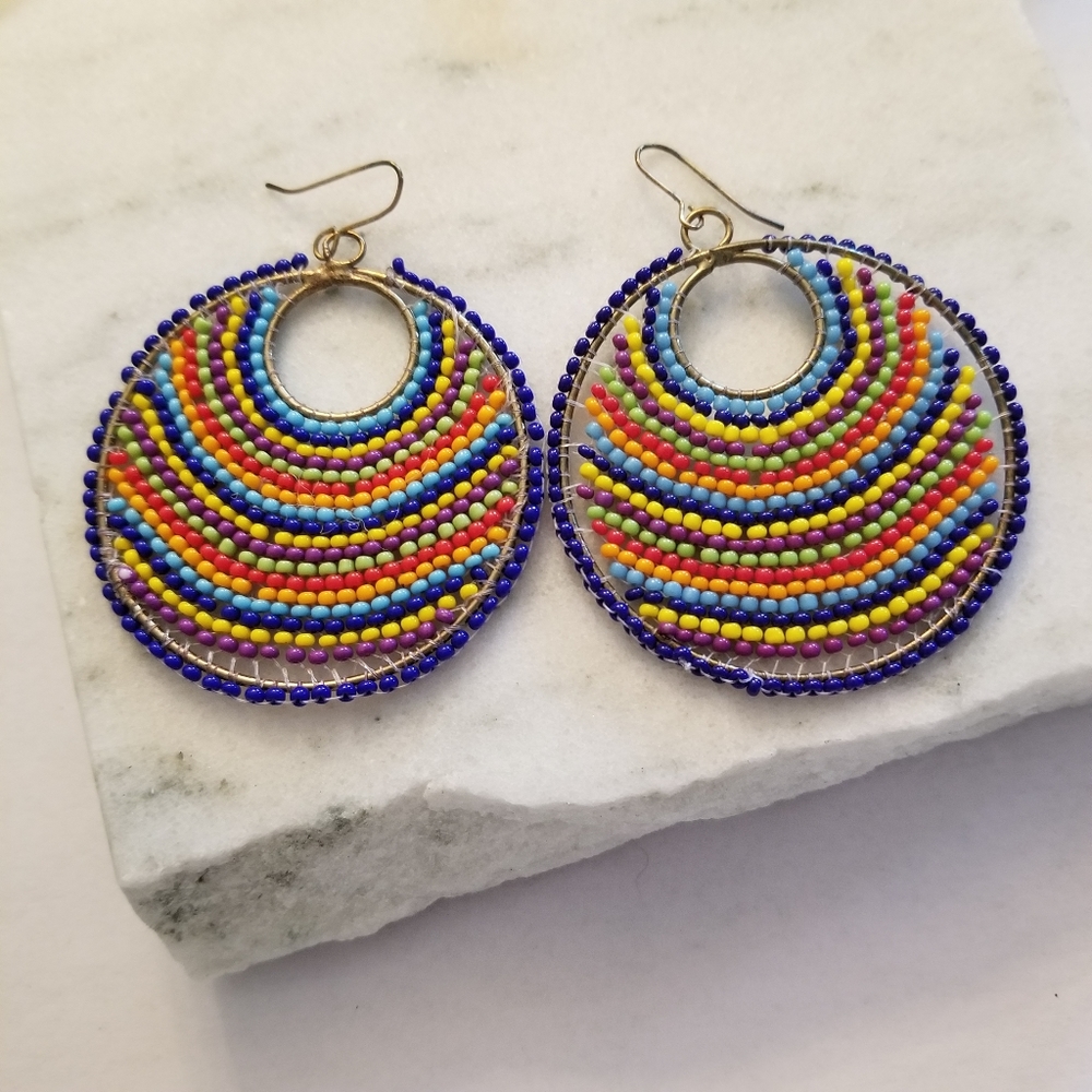 Artist Boho Seed Bead Multi Colored Round Medallion Pierced Earrings
